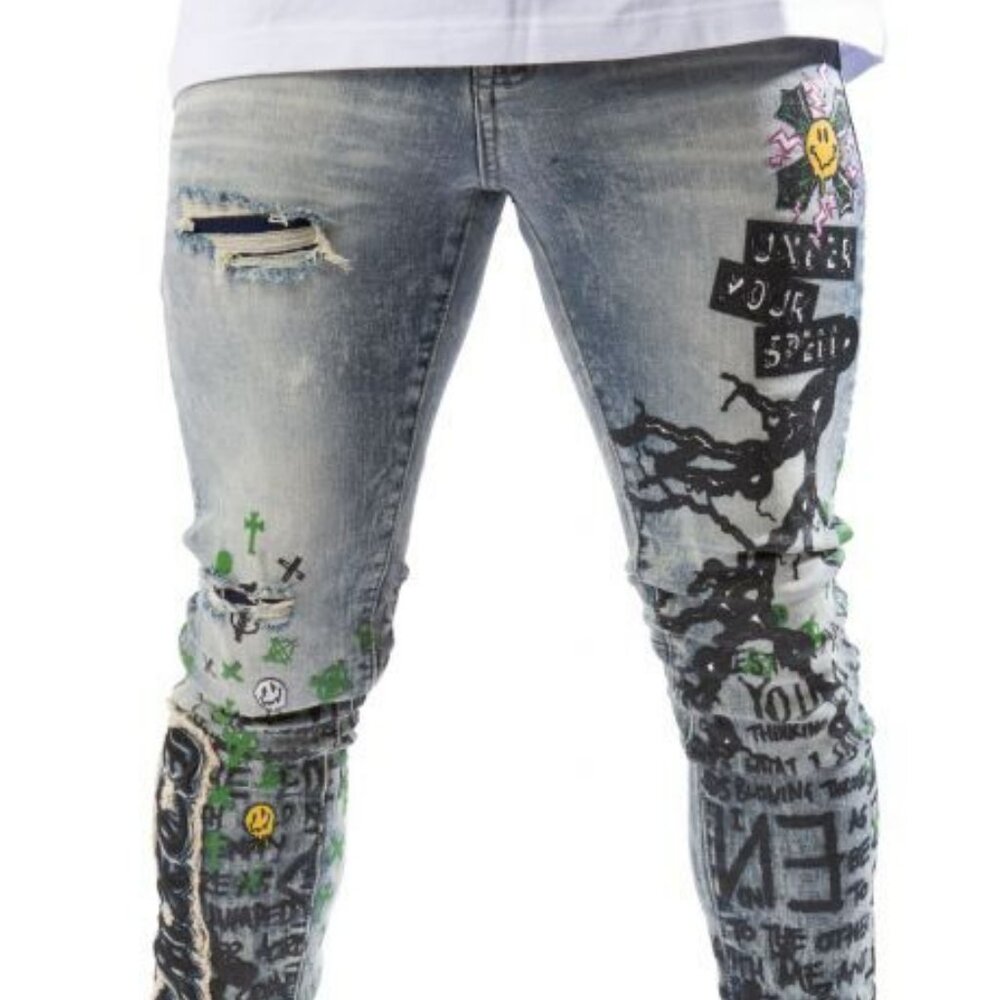 Skinny Graffiti Light Wash Men’s Jeans - Gray with Multicolor Accents